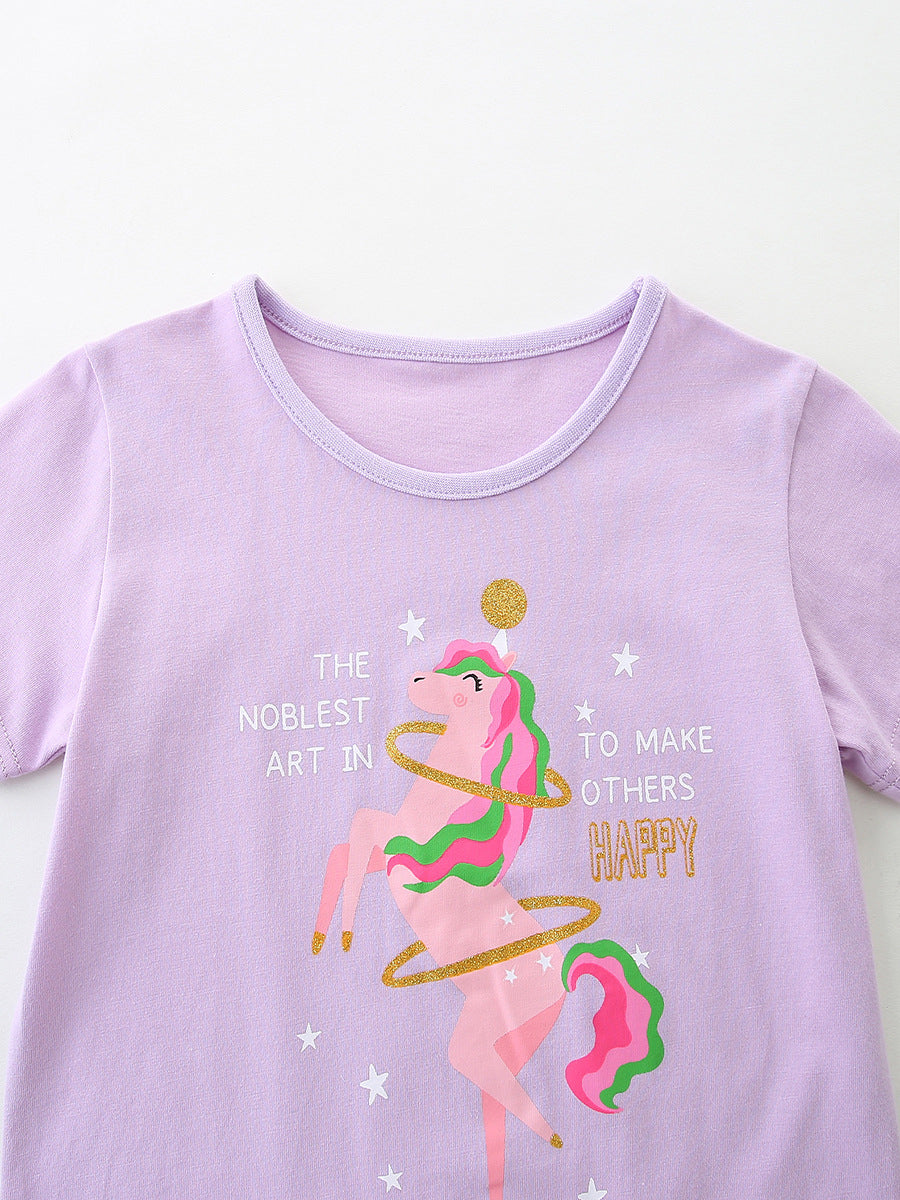 Summer Baby Kids Letters and Animals Cartoon Pattern T-shirt Clothing Set for Girls