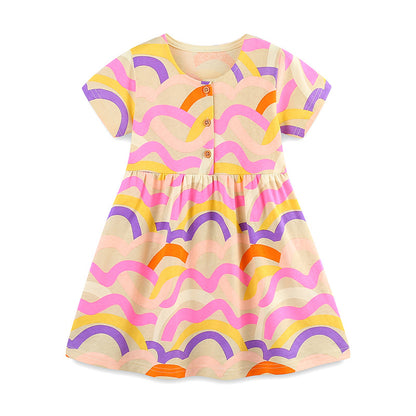 Summer Pure Cotton Waves Pattern Short Sleeves Dress for Stylish Girls, MyKids-USA®, Baby & Toddler Dresses, MyKids-USA - Size/Age - 90 (12-24M) - Color - Orange -  -  - TR2505152332-A