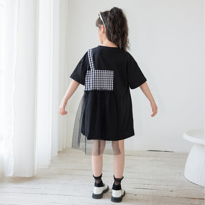 Black Plaid Patched Design Mesh Casual Dress