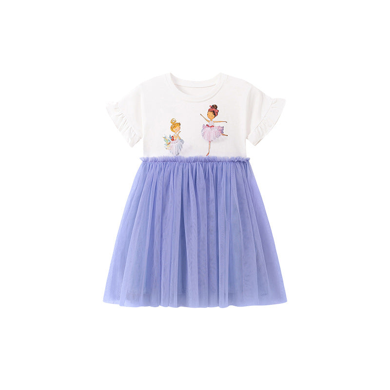 Summer Arrival Baby Girls Cute Cartoon Pattern Short Sleeves Tulle Patchwork Dress