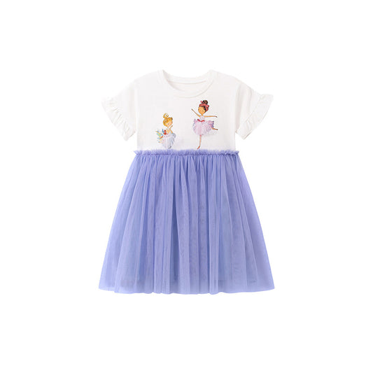 Summer Arrival Baby Girls Cute Cartoon Pattern Short Sleeves Tulle Patchwork Dress