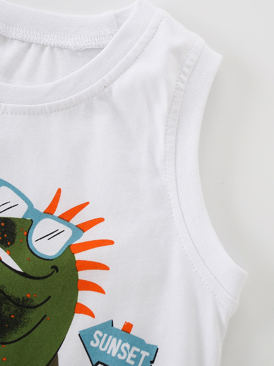 Summer Hot Selling Baby Kids Boys Sleeveless Cartoon Pattern Vest and Plain Shorts Clothing Set