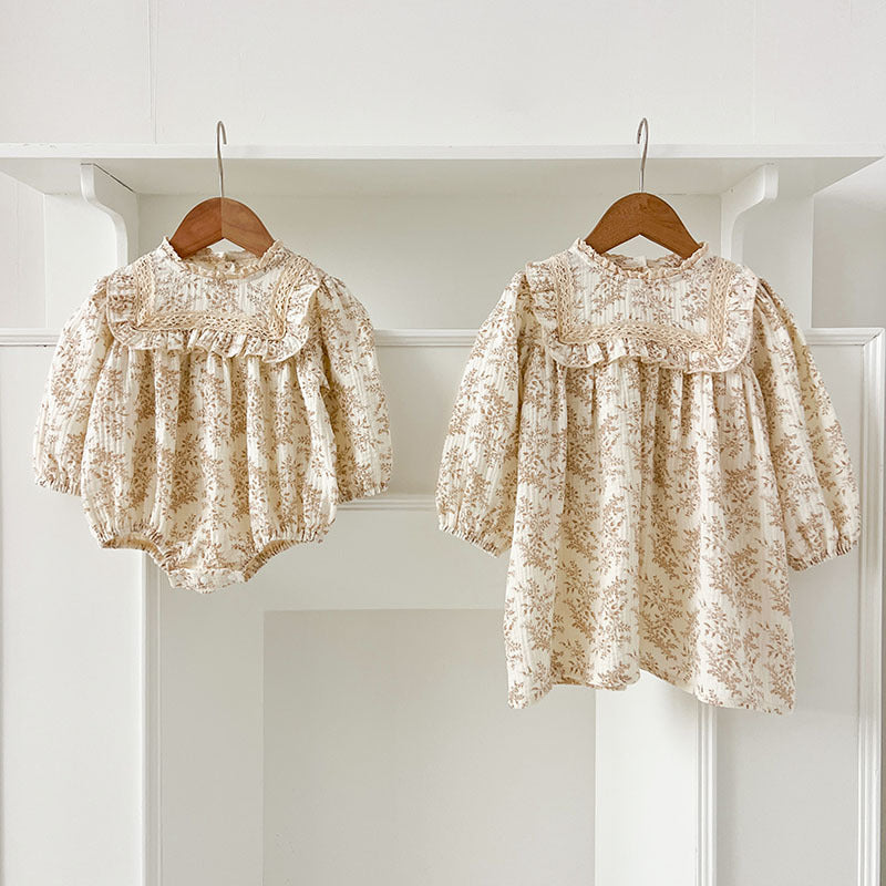 Spring Baby Girls French-style Floral Long-sleeved Onesies and Dress – Princess Sister Matching Set, MyKids-USA®, Baby & Toddler Outfits, MyKids-USA -  -  -  -  -  -  - 