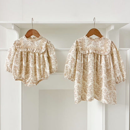 Spring Baby Girls French-style Floral Long-sleeved Onesies and Dress – Princess Sister Matching Set, MyKids-USA®, Baby & Toddler Outfits, MyKids-USA -  -  -  -  -  -  - 