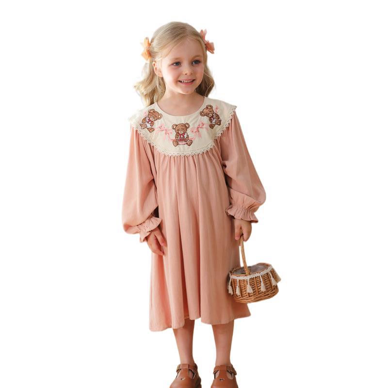 Arrival Autumn Girls Pink Long Sleeves Dress with Teddy Embroidery Collar, MyKids-USA®, Baby & Toddler Dresses, MyKids-USA - Size/Age - 90 (12-24M) - Color - Pink -  -  - TR2408180955-A