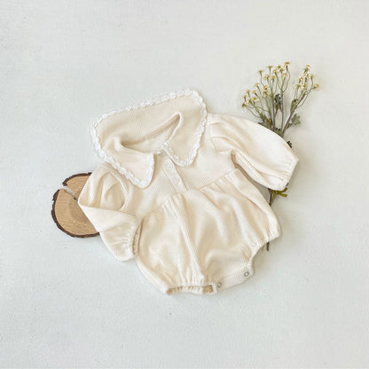 Arrival Baby Girls Long Sleeves Waffle Grid Onesie with Floral Collar, MyKids-USA®, Baby One-Pieces, MyKids-USA - Size/Age - 66 (3-6M) - Color - Beige -  -  - TR2507172031-A