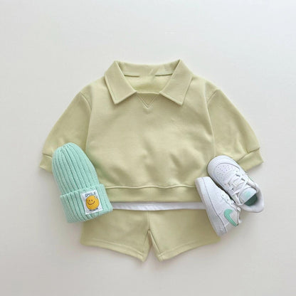 Spring Baby Kids Unisex Casual Solid Color Long Sleeves Top Pullover with Turn-down Collar and Shorts Clothing Set, MyKids-USA®, Baby & Toddler Outfits, MyKids-USA - Size/Age - 66 (3-6M) - Color - Green -  -  - TR2505212229-A