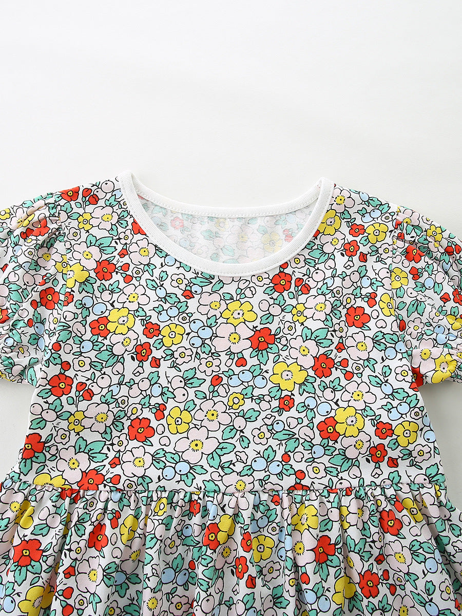 Summer Hot Selling Cute Floral Pattern Short Sleeves Dress for Stylish Girls
