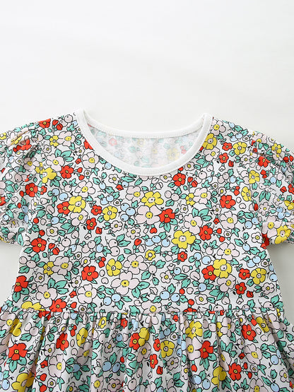 Summer Hot Selling Cute Floral Pattern Short Sleeves Dress for Stylish Girls