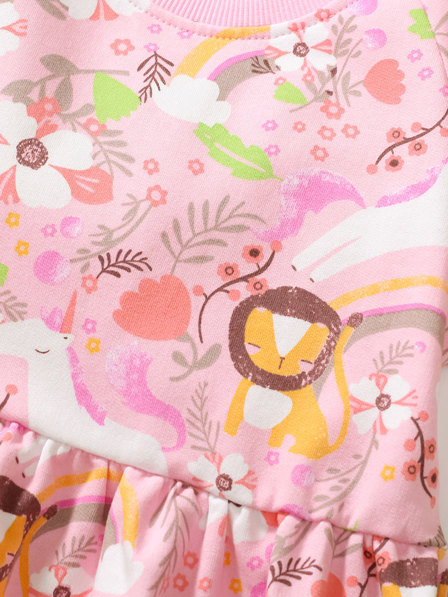 Spring And Summer Baby Girls Short Sleeves Rainbow Animals Floral Cartoon Dress