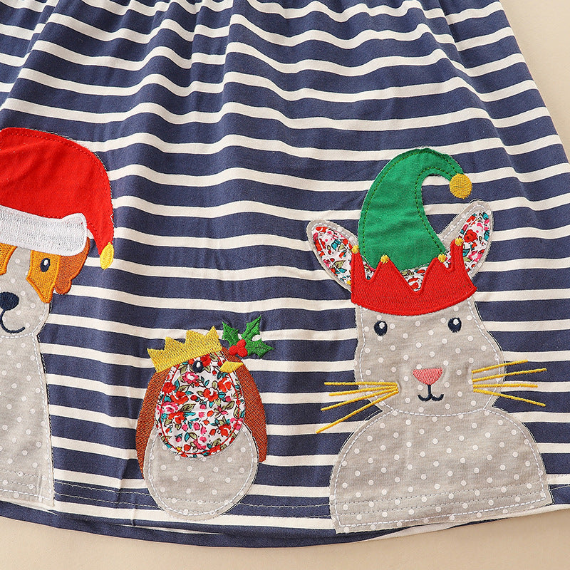 Christmas Cartoon Animal Patchwork Dress: Girls’ Striped Long Dress For Toddlers And Babies