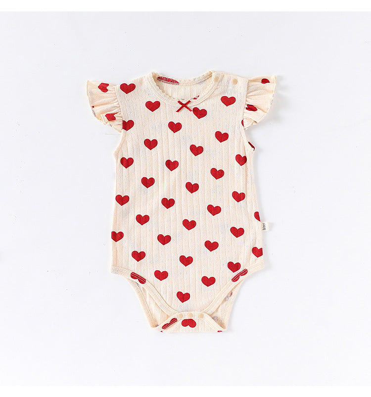 Summer Arrival Baby Unisex Crew Neck Fly Sleeves Hearts or Flowers Pattern Onesies Bodysuits, MyKids-USA®, Baby One-Pieces, MyKids-USA - Size/Age - 66 (3-6M) - Color - Beige -  -  - TR2505192128-A