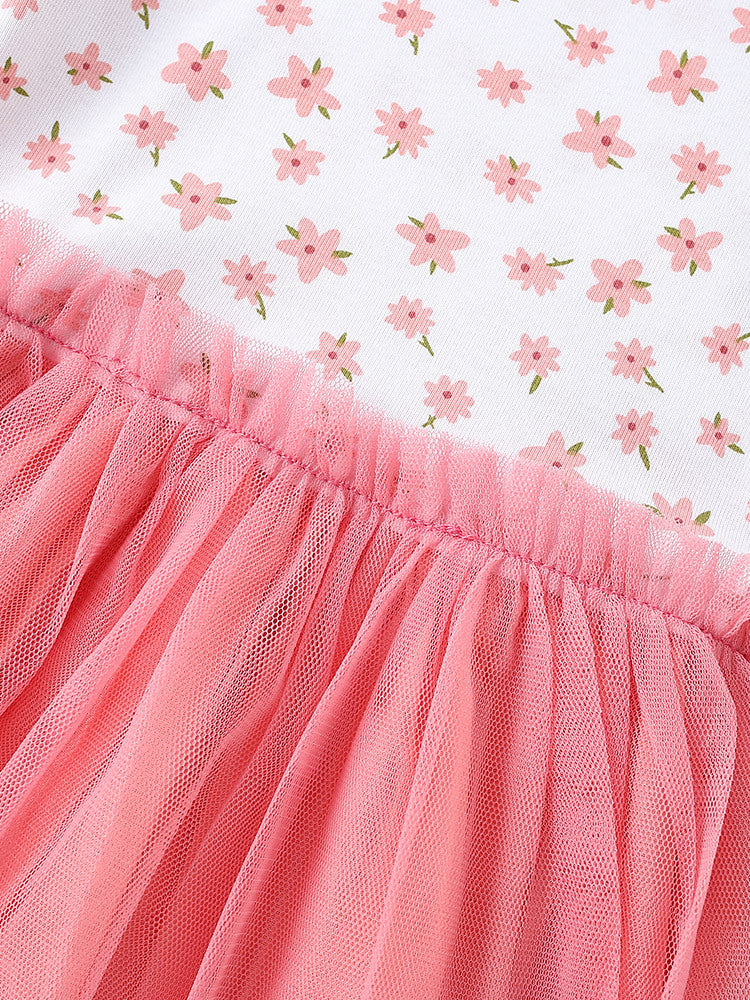 Summer Baby Kids Girls Short Sleeves Flowers Pattern Tulle Patchwork Dress