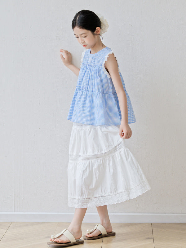 Arrival Summer Baby Kids Girls Sleeveless Plaid Vest and White Skirt