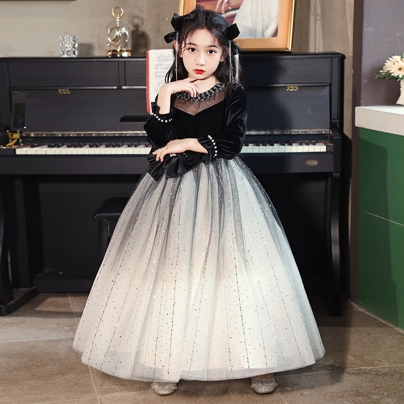 Princess Black Bow Birthday Dress For Girls: Luxurious Long-Sleeved Piano Performance Attire , Perfect For Spring Celebrations 140 (8-10Y) / Black Princess Black Bow Birthday Dress For Girls: Luxurious Long-Sleeved Piano Performance Attire , Perfect For Spring Celebrations 140 (8-10Y) / Black