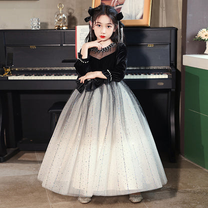 Princess Black Bow Birthday Dress For Girls: Luxurious Long-Sleeved Piano Performance Attire , Perfect For Spring Celebrations