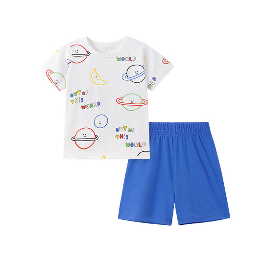 Summer Hot Selling Baby Kids Boys Short Sleeves Cartoon Pattern T-shirt and Blue Shorts Clothing Set
