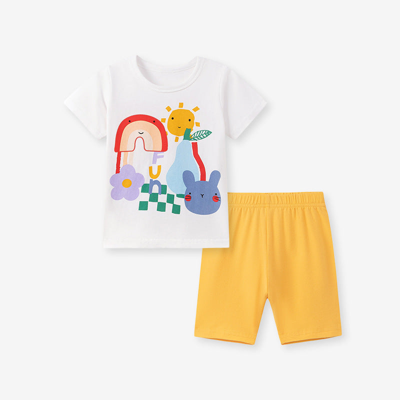 Summer Hot Selling Baby Kids Girls Short Sleeves Cartoon Pattern T-shirt and Plain Shorts Clothing Set
