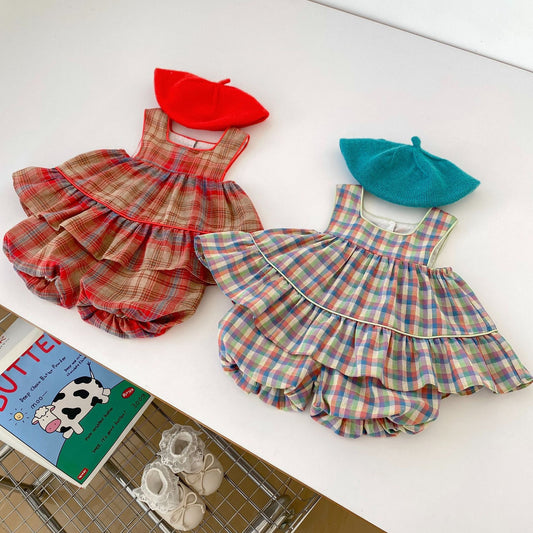 New Design Summer Baby Kids Girls Plaid Strap Top And Shorts Clothing Set