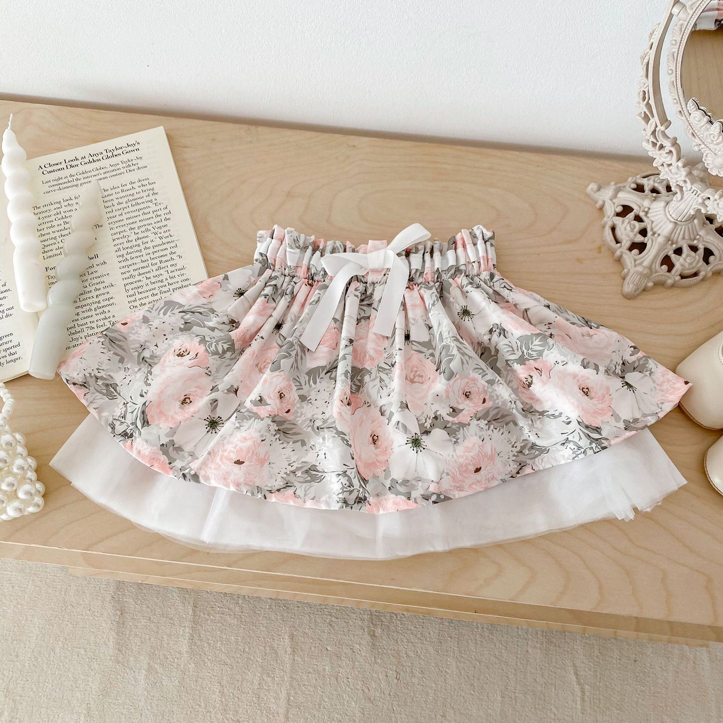 Spring Baby Kids Girls Plain Long Sleeves Base Shirt And Floral Skirt Clothing Set