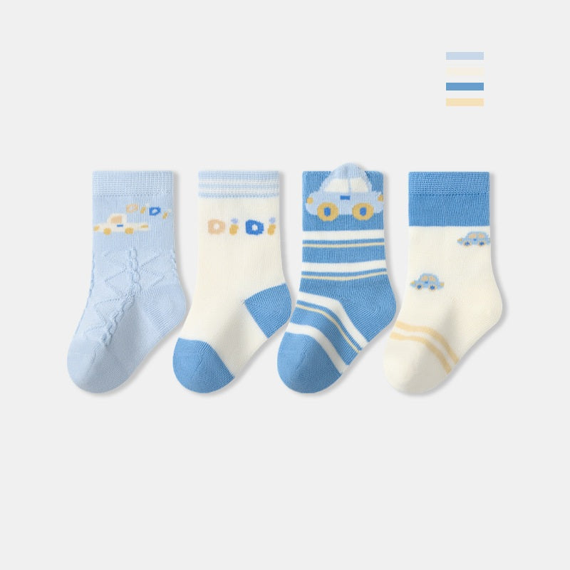 Autumn and Spring Arrival Baby Unisex Breathable Cute Cartoon Pattern Socks 1 Lot=4-Pair Set, MyKids-USA®, Baby & Toddler Socks & Tights, MyKids-USA - Size/Age - XS (0-6M) - Color - Blue -  -  - TR2511192247-B