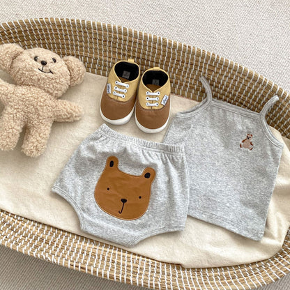 Baby Bear Pattern Solid Color Sling Tops With Shorts Sets