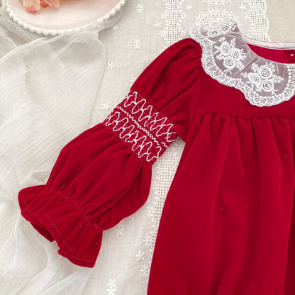 Autumn Baby Girls Lace Trim Collar Long-sleeved Bodysuit and Dress – Princess Sister Matching Set