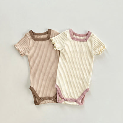 Summer Arrival Baby Short Sleeves Color Patchwork Striped Bodysuit with Hairband