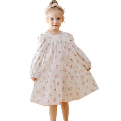 Design Autumn Girls Fashion Floral Long Sleeves Square Neck Dress, MyKids-USA®, Baby & Toddler Dresses, MyKids-USA - Size/Age - 90 (12-24M) - Color - Pink -  -  - TR2408241008-A