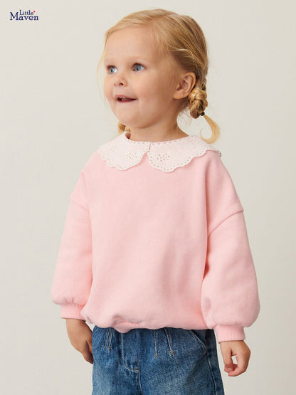 Baby Girls Kids Cute Lace Trim Peter Pan Collar Long Sleeve Pullover Top