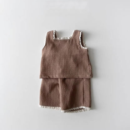 Summer Baby Kids Girls Simple Casual Sleeveless Square Neck Vest Top And Shorts Clothing Set