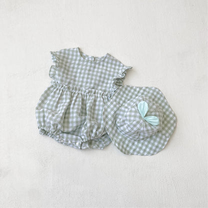 Summer Baby Kids Sleeveless Plaid Pattern Onesies and Hat Casual Clothing Set for Girls, MyKids-USA®, Baby & Toddler Outfits, MyKids-USA - Size/Age - 66 (3-6M) - Color - Green -  -  - TR2505182308-A