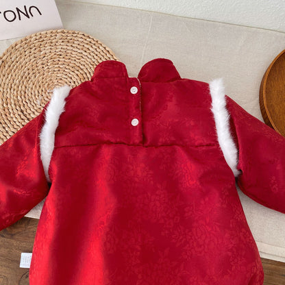 Winter Arrival Baby Girls Long Sleeves Floral Pattern Fleece-Lined Bodysuit