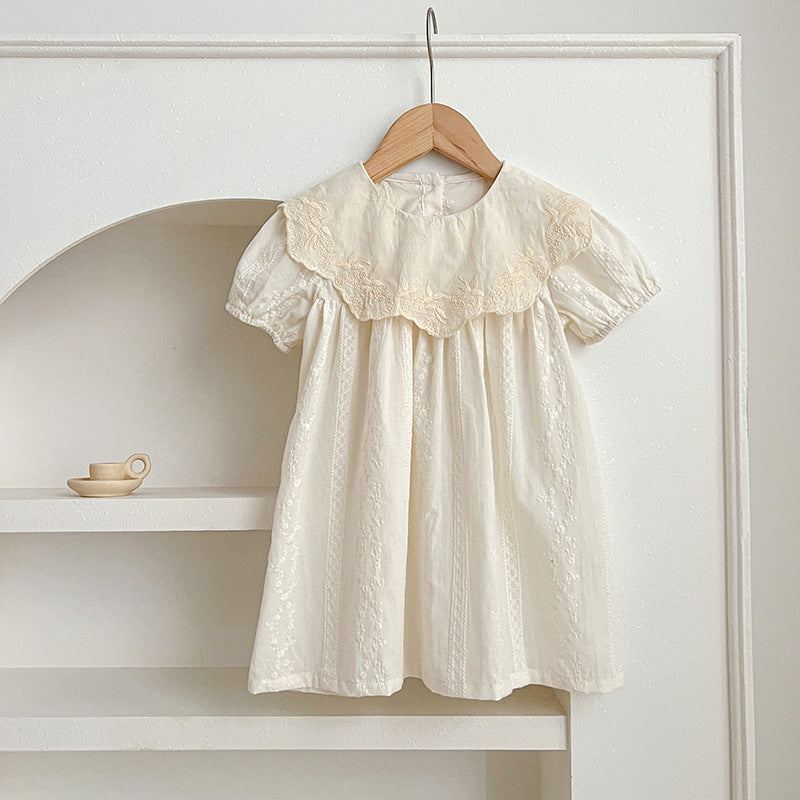 Summer Girls Solid Color Simple Floral Embroidery Big Collar bodysuit And Dress – Princess Sister Matching Set, MyKids-USA®, Baby & Toddler Outfits, MyKids-USA - Size/Age - 66 (3-6M) - Color - Apricot -  -  - TR2404071131-A.