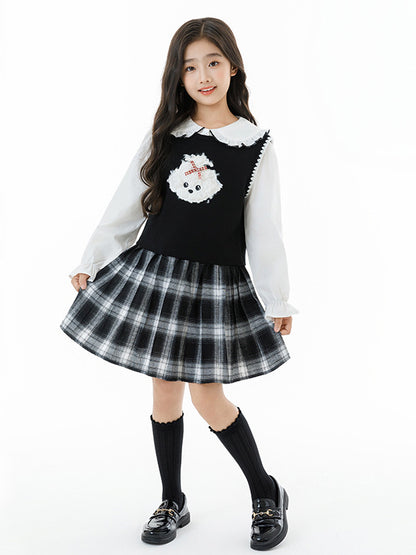 Arrival Autumn Kids Girls White Top, Sleeveless Vest and Plaid Skirt Clothing Set
