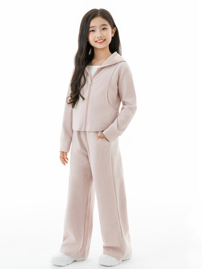 Arrival Autumn Kids Girls White Top, Long Sleeves Solid Color Zip-up Hooded Coat and Simple Pants Clothing Set