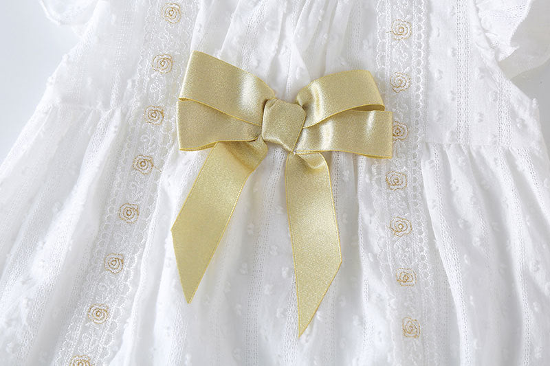 Baby Girls Solid White Gold Bow Tie Patched Design Popular Onesies