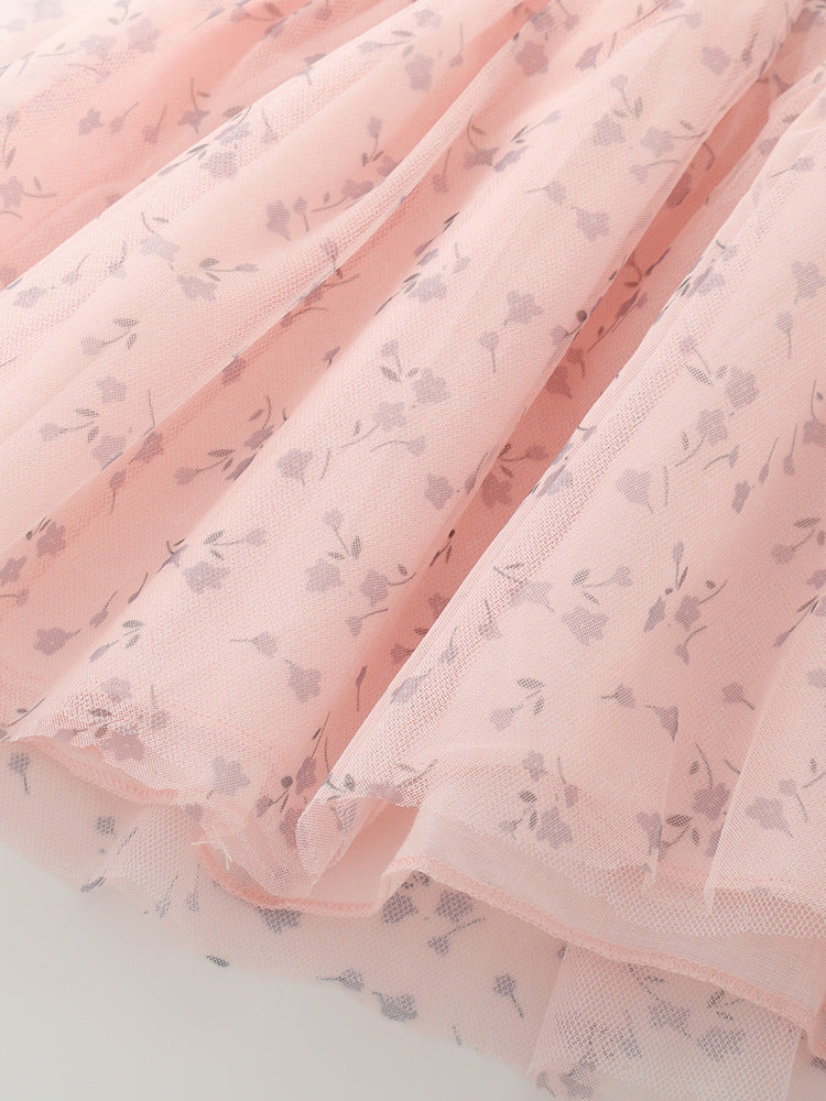 Summer Baby Kids Girls Short Sleeves Flowers Pattern Color Patchwork Tulle Dress