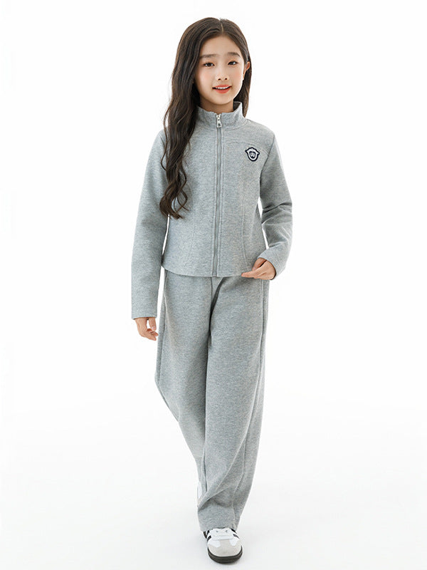 Arrival Autumn Kids Girls Long Sleeves Preppy Pattern Coat and Plain Pants Clothing Set