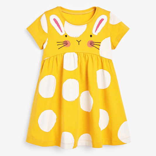 Baby Kids Girls Crew Neck Polka Dots Rabbit Design Short Sleeves Dress