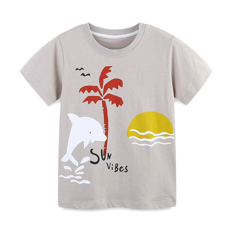 Summer Boys’ Sunset and Dolphin Cartoon Pattern T-shirt in European and American Style, MyKids-USA®, T-Shirts, MyKids-USA -  -  -  -  -  -  - 