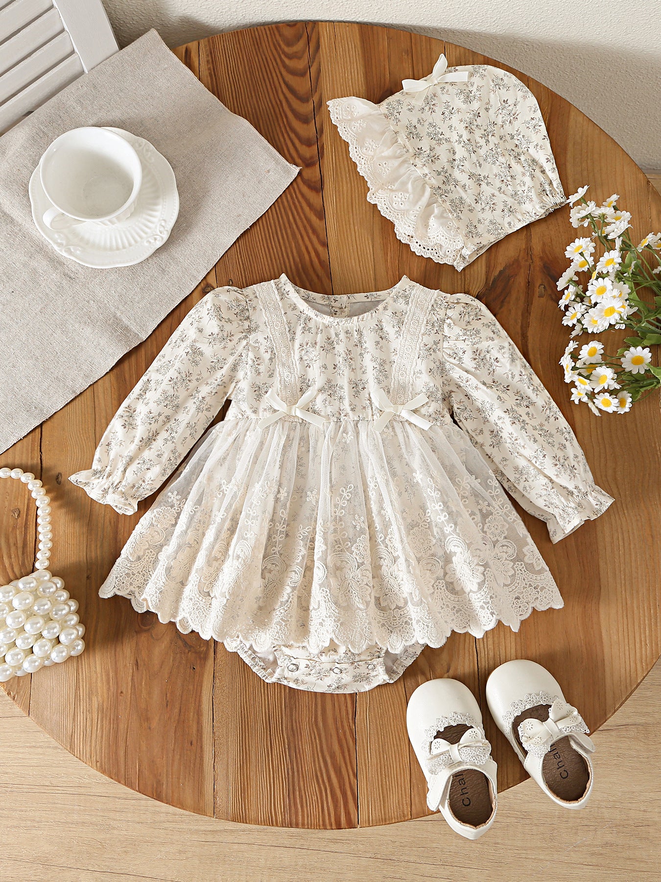 Design Autumn Baby Kids Girls Long Sleeves Flowers Pattern Bodysuit Dress with Hat