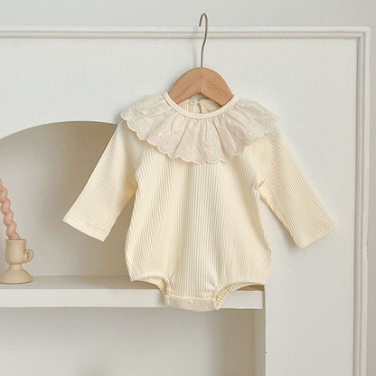 Spring New Arrival Baby Solid Color Long Sleeves Onesies For Girls With Hollow Out Collar