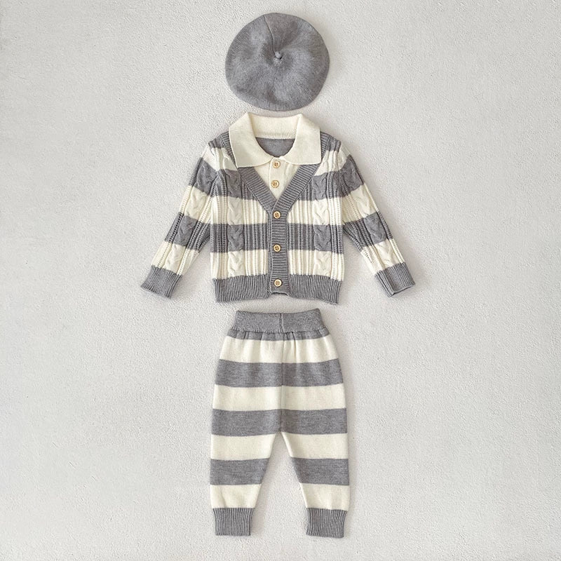 Arrival Autumn Baby Unisex Long Sleeves Striped Pattern Knitted Top Cardigan and Long Trousers Clothing Set, MyKids-USA®, Baby & Toddler Outfits, MyKids-USA - Size/Age - 73 (6-9M) - Color - Grey -  -  - TR2508022226-A