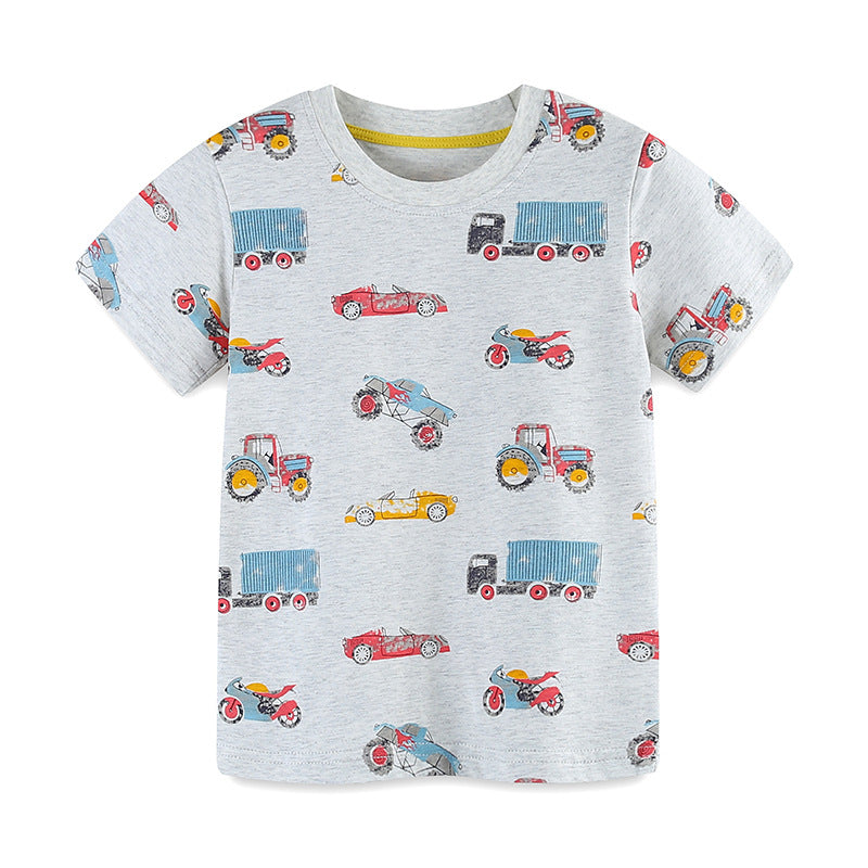 Summer Boys’ Motors and Cars Cartoon Pattern T-shirt in European and American Style, MyKids-USA®, Baby & Toddler Tops, MyKids-USA - Size/Age - 90 (12-24M) - Color - Grey -  -  - TR25051131900-A