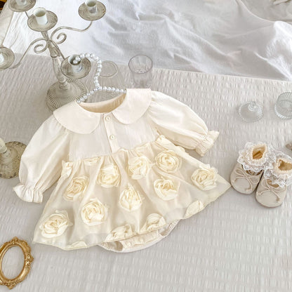 Autumn Arrival Baby Girls Long Sleeves Solid Color 3D Tulle Flowers Attached Bodysuits Dress, MyKids-USA®, Baby & Toddler Dresses, MyKids-USA -  -  -  -  -  -  - 