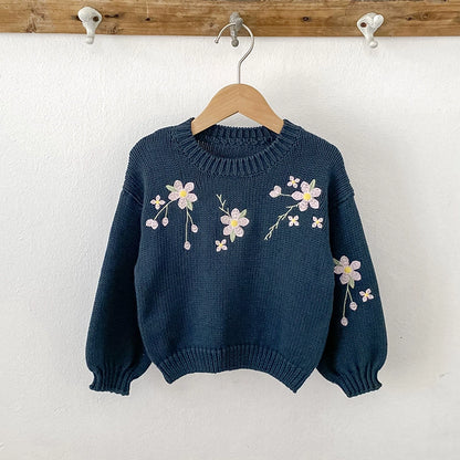 Autumn Arrival Baby Girls Comfortable Vivid Flowers Embroidery Pattern Knitted Long Sleeves Sweater, MyKids-USA®, Sweaters, MyKids-USA - Size/Age - 66 (3-6M) - Color - Navy Blue (Dark Blue) -  -  - TR2506302119-A