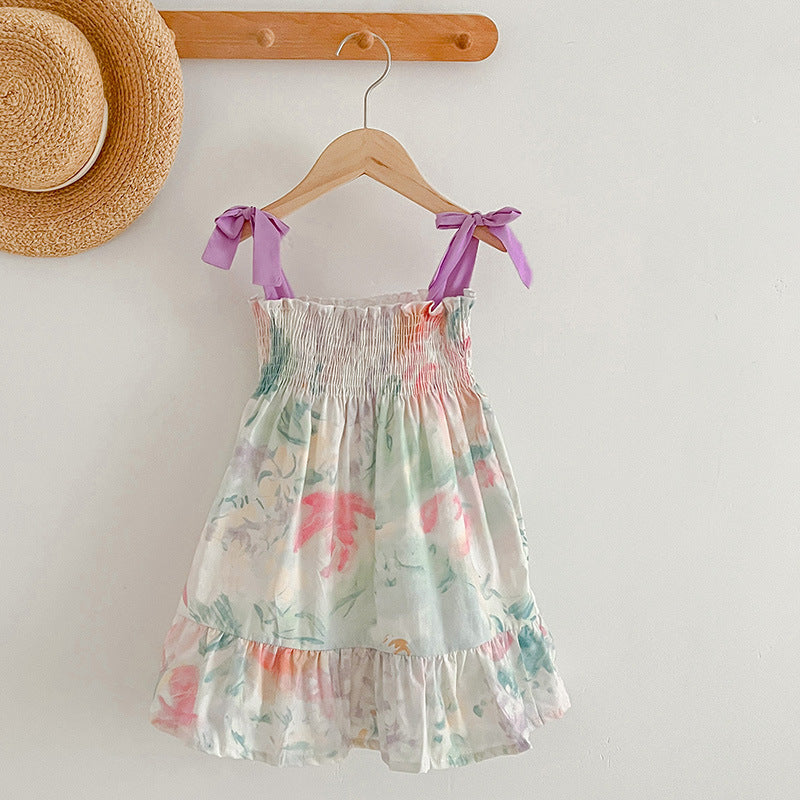 Summer Baby Girls Sleeveless Off Shoulder Floral Pattern Strap Dress And Onesie – Princess Sister Matching Set