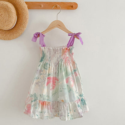 Summer Baby Girls Sleeveless Off Shoulder Floral Pattern Strap Dress And Onesie – Princess Sister Matching Set