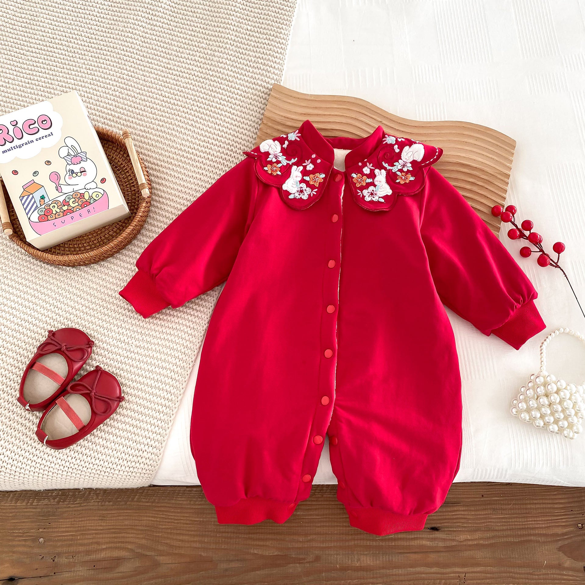 Infant Baby Girls Thick Warm Long Sleeve Rabbits Floral Knitted Round Collar Red Romper, MyKids-USA®, Baby One-Pieces, MyKids-USA -  -  -  -  -  -  - 